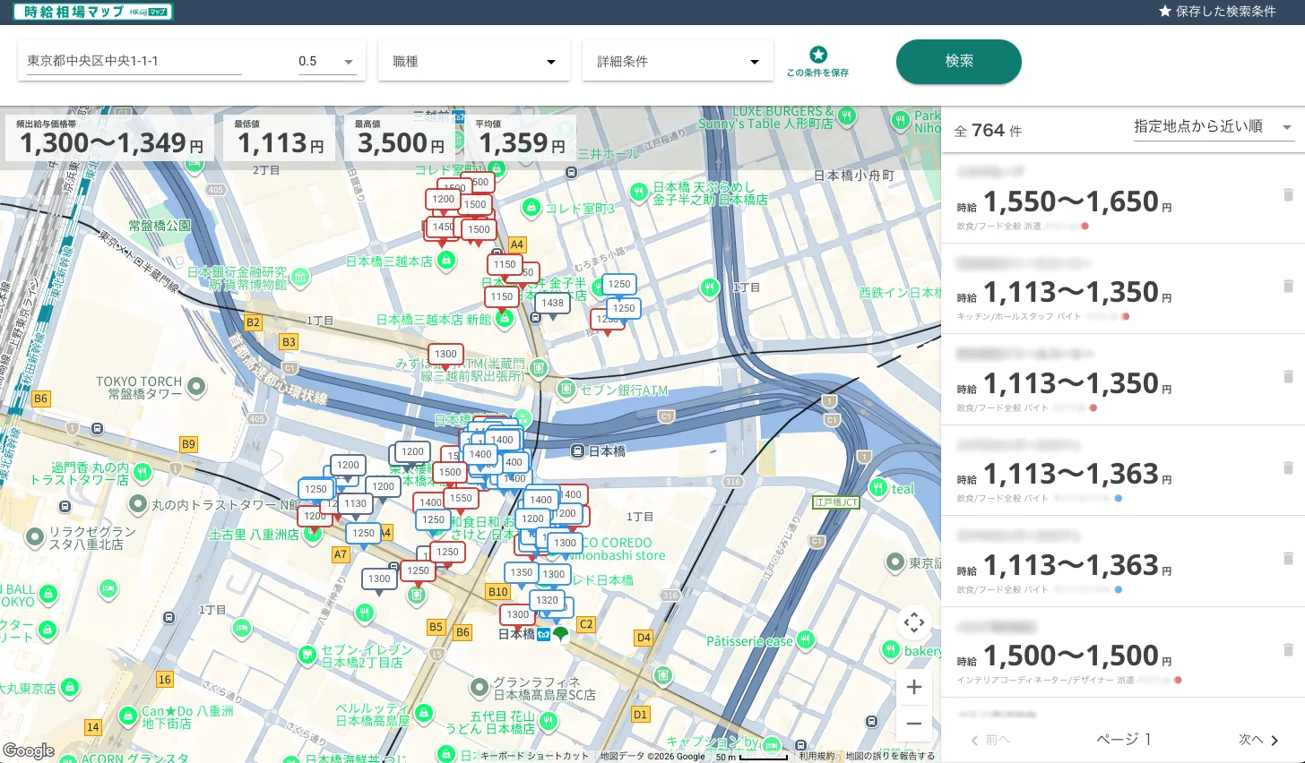 時給相場マップ連携｜半径0.5km～10km以内の競合求人を一覧表示し時給相場を確認